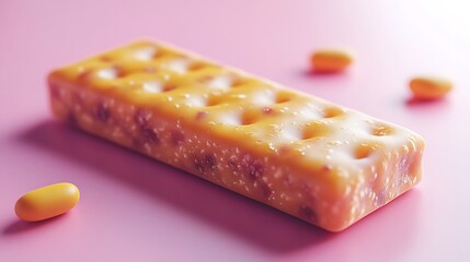 Energy bar centered on a plain pastel pink surface, packaging floating above at a slight angle, gentle shadows below for depth, minimalist design, hd quality, clean and modern look,