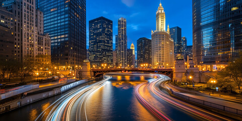 Fototapeta premium Chicago skyline illuminated at night with light trails over river.