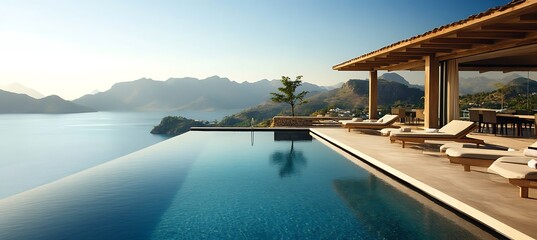 Fototapeta premium A luxurious resort villa with private pool, elegant outdoor dining area, and stunning views