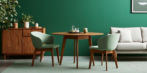 A modern living room with Scandinavian design, featuring mint green chairs, a round wooden dining table, a plush sofa, and a wooden cabinet, all contrasted by a bold green wall for a fresh look