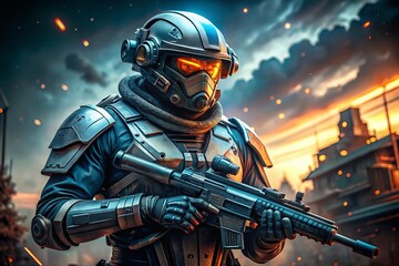 Futuristic AI-Generated Soldier in Advanced Combat Gear with High-Tech Weaponry and Dynamic Pose