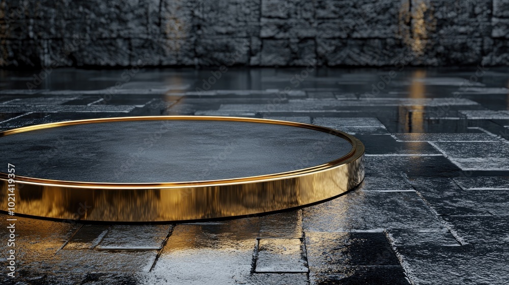 Aufkleber 3D render of an abstract modern minimal background featuring black and gold cobblestones with reflections on a wet floor An empty showcase with a golden round frame serves as a platform for produc