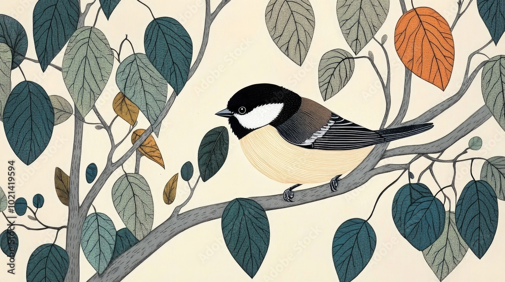 Aufkleber chickadee perched on a tree branch