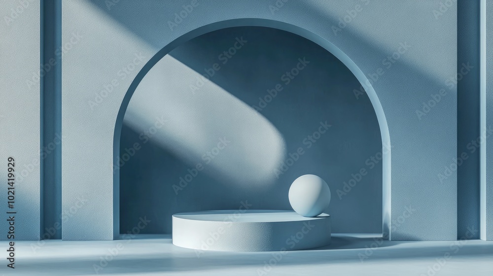 Poster 3d mock up of a blue podium featuring a hemisphere or arch against a light blue backdrop vibrant abs