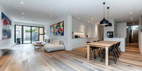 A modern Scandinavian apartment featuring an open-plan living room and dining room, with a minimalist white sofa, light wooden dining table, and simple decor, creating an airy, bright space