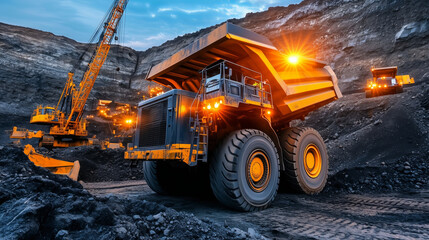 Obraz premium Large yellow dump truck in a coal mine with a crane in the background.