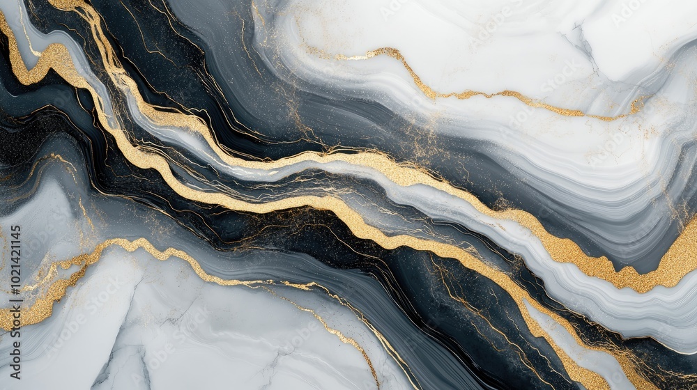 Poster abstract marble background design with luxury wave fractal textures in golden black and white fluid 