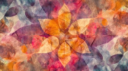 Artistic ethnic dyed pattern featuring crumpled paper texture and watercolor tie dye elements showcasing floral geometry and warm tone designs in a whimsical style
