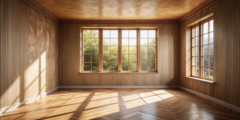 A spacious empty room with wooden walls, a large window with natural light streaming in, and a herringbone patterned hardwood floor