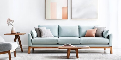 A modern Scandinavian living room with clean lines, a light blue fabric sofa, minimalist wooden furniture, and soft textiles, creating a balanced, harmonious space