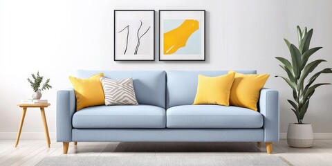 A modern Scandinavian living room with clean lines, a light blue fabric sofa, minimalist wooden furniture, and soft textiles, creating a balanced, harmonious space