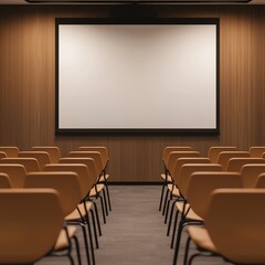 Fototapeta premium Empty conference room with rows of chairs facing a projection screen, ideal for presentations and meetings.