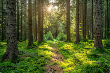Fototapeta premium A forest with a path through it and sunlight shining through the trees