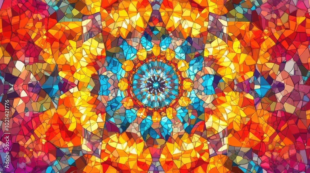 Poster Abstract mosaic illustration featuring a kaleidoscope pattern with vibrant colors creating a decorative fantasy texture