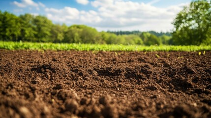 Rich, Dark Soil Nurtures Sprouts Under a Bright Sky in a Lush Green Field During a Sunny Afternoon