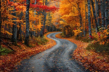 Obraz premium A road with a curve and leaves on the ground