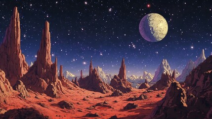 2D cartoon landscape featuring a fantasy galaxy scene with stars meteorites a cratered moon and red terrain perfect for a cosmic adventure themed game background