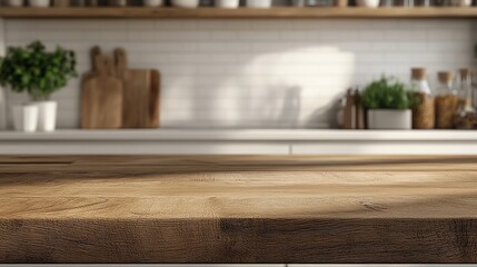 A beautiful wooden kitchen countertop with a soft, warm light highlighting the natural grain, perfect for cooking and baking.