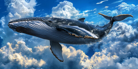 A majestic blue whale soars through a bright blue sky, surrounded by fluffy white clouds.