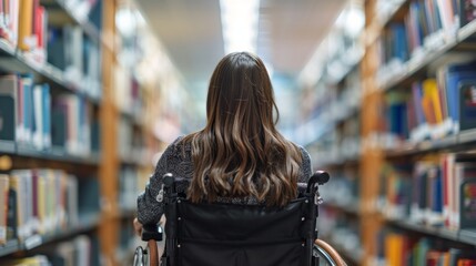 A woman in a wheelchair is in a library