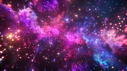 Energetic Neon Confetti and Fireworks in Starry Sky for New Year's Celebrations and Digital Art