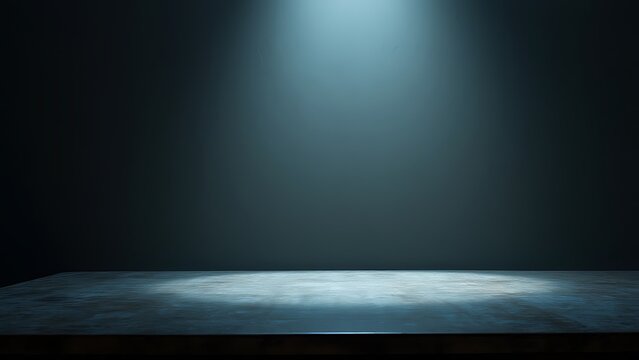 3D product table in an empty studio against a black wall. Podium for presentation. Concrete dark surface. Marble luxury countertop mockup.