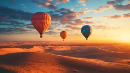 Obraz premium Hot Air Balloons Soaring Over a Desert Landscape at Sunset