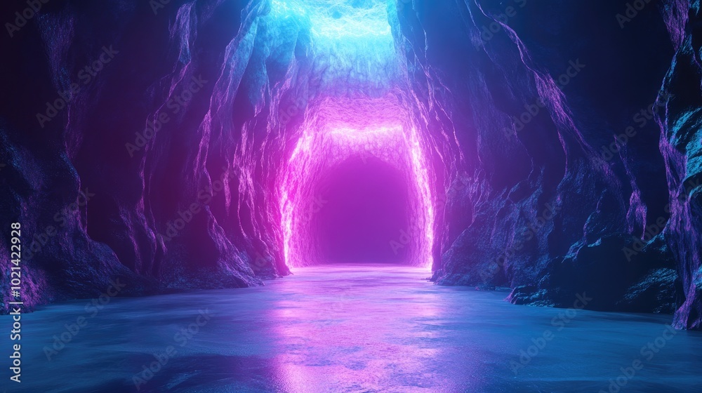 Aufkleber 3D render featuring an abstract violet and blue neon background in a dimly lit space with a luminous floor resembling an empty ice arena