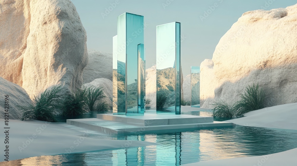 Poster architectural arrangement in a surreal landscape featuring water a glossy portal and an empty podium