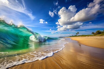 Obraz premium Gentle Ocean Wave Rolling onto Sandy Shore Under a Bright Blue Sky on a Serene Summer Day