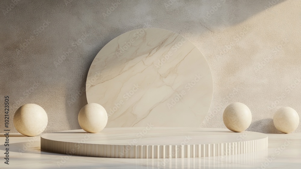 Aufkleber Beige podium with minimalistic geometric shapes and object placement against an abstract gray background 3D rendering