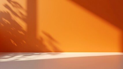 3D studio room with orange background. Empty floor and wall with product podium. Shadow overlay from window to countertop. Mockup illustration with sunlight.