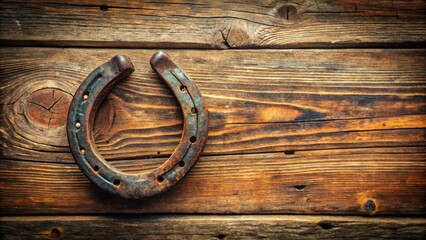 A solitary, aged horseshoe rests upon weathered wooden planks, its rusted surface reflecting the passage of time.