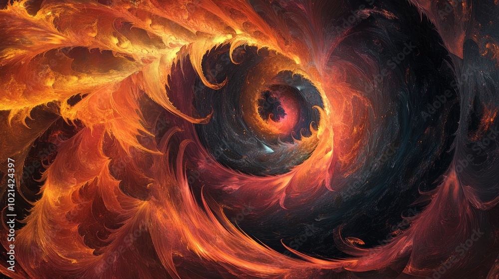 Poster Abstract digital fractal design featuring a dynamic swirling motion with fantasy elements