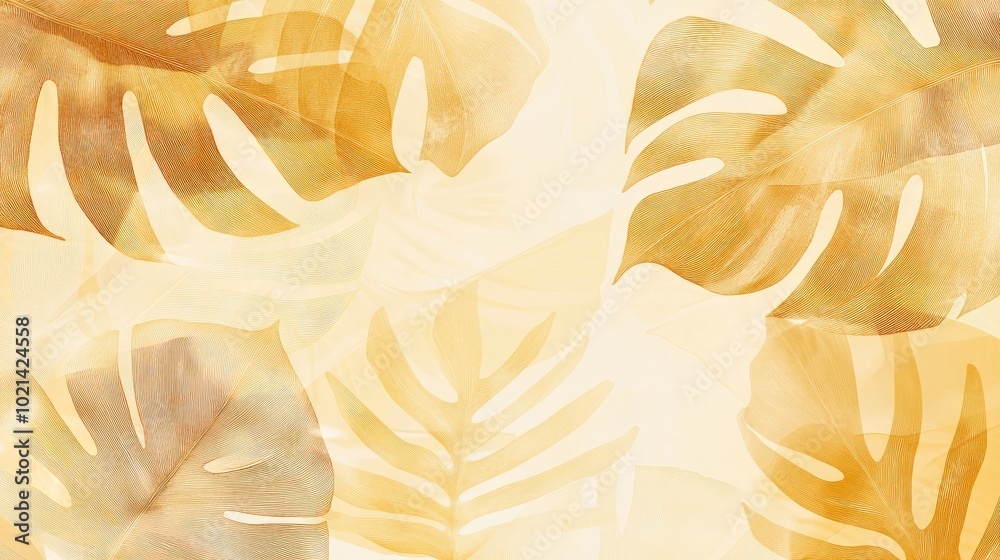 Poster Abstract artwork featuring a golden leaf background vector Design includes line art textures of monstera and jungle leaves creating an exotic botanical pattern suitable for prints and wall art