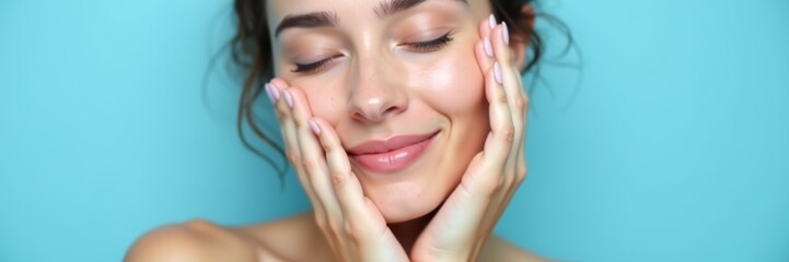 Fototapeta premium A happy young woman gently touching her face against a light blue background, embodying beauty and skincare, radiating positivity and self care.