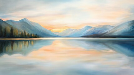 Obraz premium A Tranquil Landscape Painting of Mountains Reflecting in a Calm Lake at Sunset