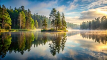 Obraz premium Peaceful Morning Mist Reflecting on a Tranquil Lake with a Small Island of Tall Trees