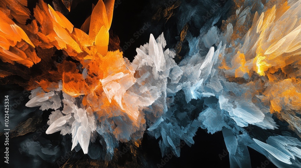 Poster abstract fantasy shapes of flame and fractured ice on a black backdrop computer generated fractal ar