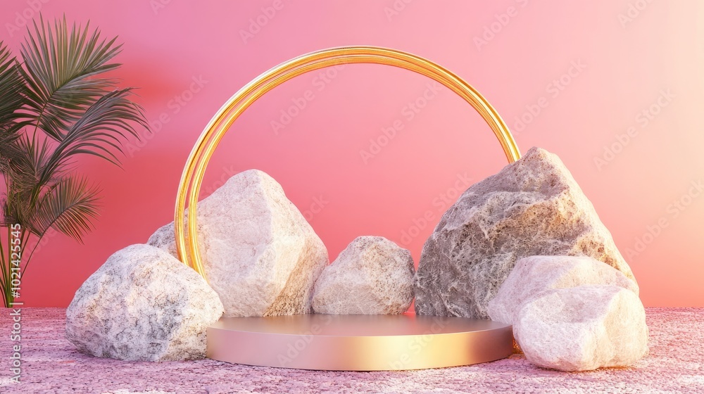 Aufkleber 3D render of an abstract background featuring cobble rock stones and a golden arch set against a pastel backdrop A contemporary minimal showcase scene with an empty podium for product display