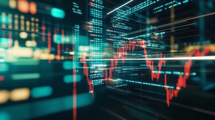 Fototapeta premium Abstract Digital Stock Market Data with Red and Blue Lines on Black Background