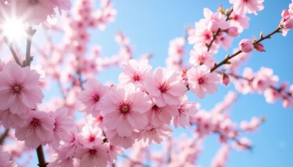 Cherry Blossoms in Full Bloom Against a Clear Blue Sky, Springtime Beauty