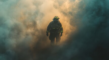 A brave firefighter in full protective gear emerges from thick smoke, symbolizing heroism and emergency response in action.