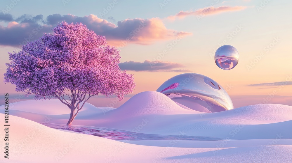 Poster 3D render depicting an abstract surreal landscape featuring pastel dunes a purple tree and a minimal arch complemented by a beautiful sky scene and a floating metallic sphere above an island