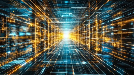 Abstract digital tunnel with bright glowing lines and grids