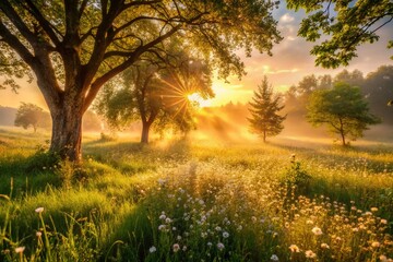Fototapeta premium Golden Morning Light Breaking Through Trees Over a Serene Landscape with Dew-Kissed Grass and Flowers