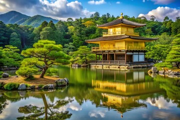 Obraz premium Golden Pagoda in Kyoto Surrounded by Lush Greenery and Serenity of Nature Captured in Japan