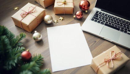 Mock up of shopping list for the Christmas holidays with gifts, decorations, and a laptop on a wooden table