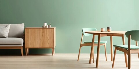 A Scandinavian living room with a round wooden dining table, mint green chairs, a comfortable sofa, and a simple wooden cabinet, all framed by a pale green wall, offering a serene and cozy atmosphere