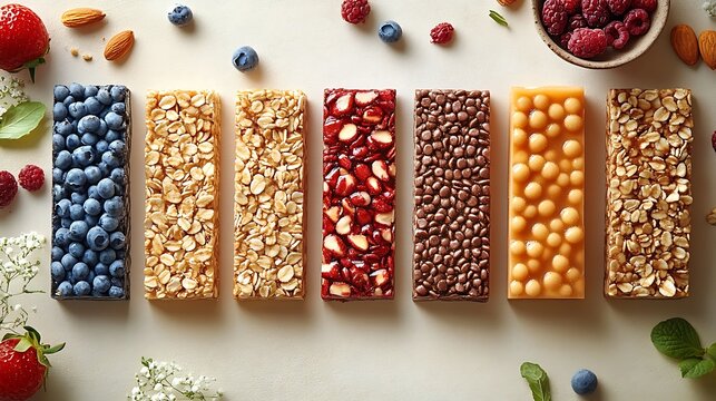 Energy bars arranged in horizontal parallel lines, aligned with grid lines on a solid light beige background, minimalist composition, soft lighting from one side, hd quality,